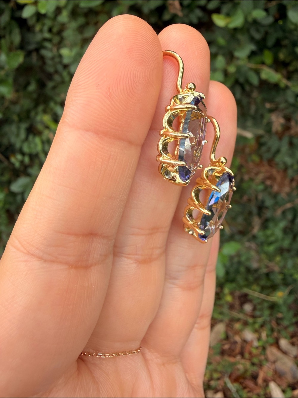 Gold Plated Earrings with Iridescent Lavender Crystal Drops - Picture 3 of 7